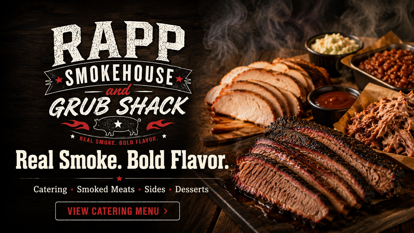 A spread of freshly smoked brisket, pulled pork, and sides